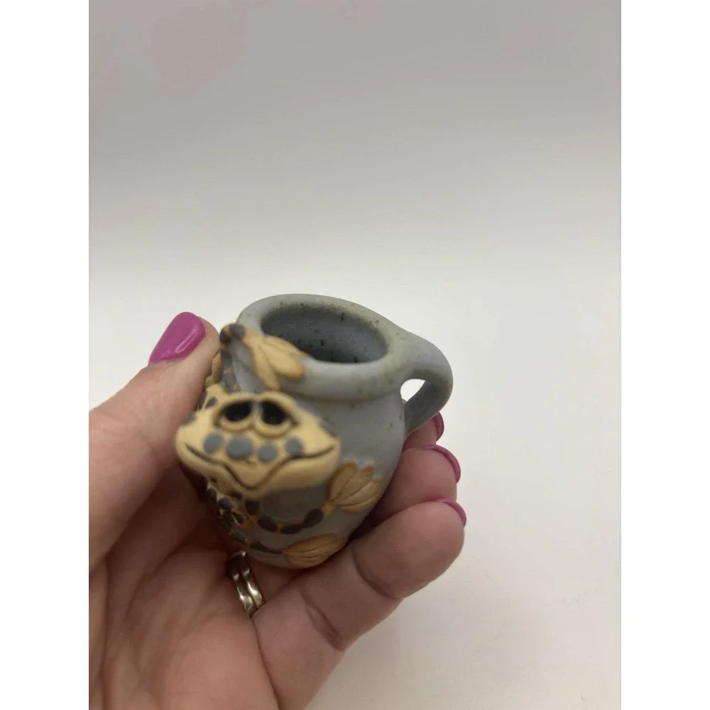 Vintage Ray & Tami Bier Pottery Charlevoix MI Folk Art Frog on Miniature Pitcher